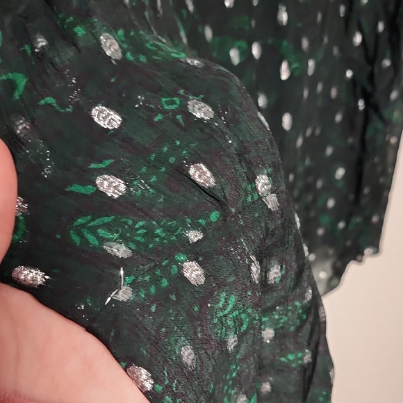 LOFT Metallic Clip Pintucked Flare Dress Green & Silver Size L - Picture 10 of 12